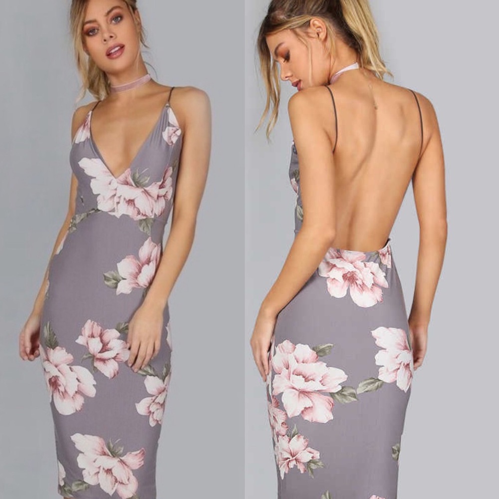 Lovely Day Grey Floral Plunge Neck Backless Dress